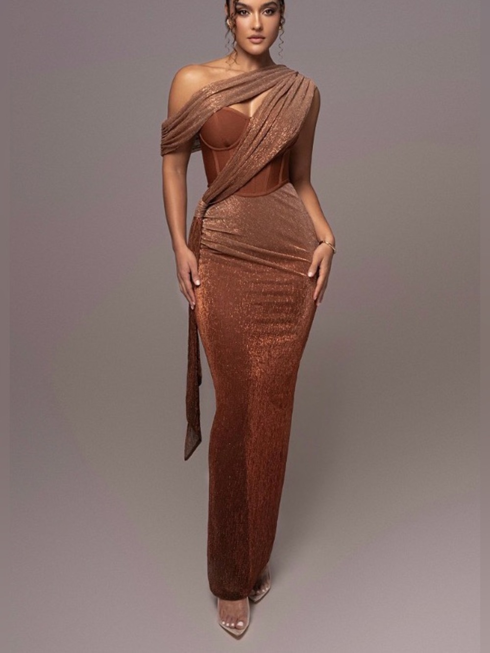 JLUXLABEL Copper One-Shoulder Metallic Evening Gown